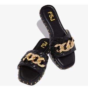 FSJ Black Sexy Square Open Toe Comfortable Thick Sole Cushion Gold Chain Sandals
